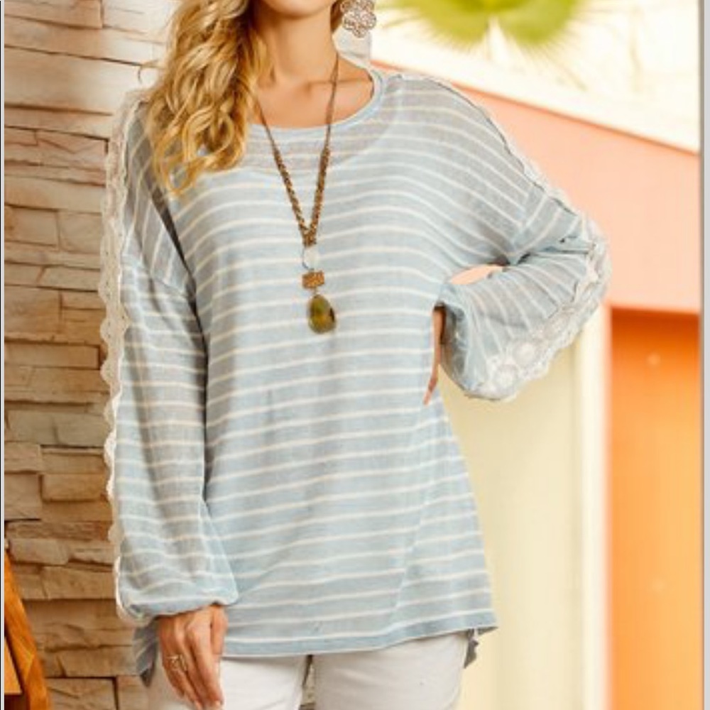 Light blue striped top with embroidered sleeves